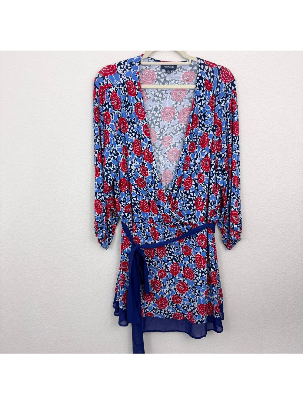 Modcloth Womens Blouse Top Size 3X Retro Floral Rose Sash Tie Blue Red